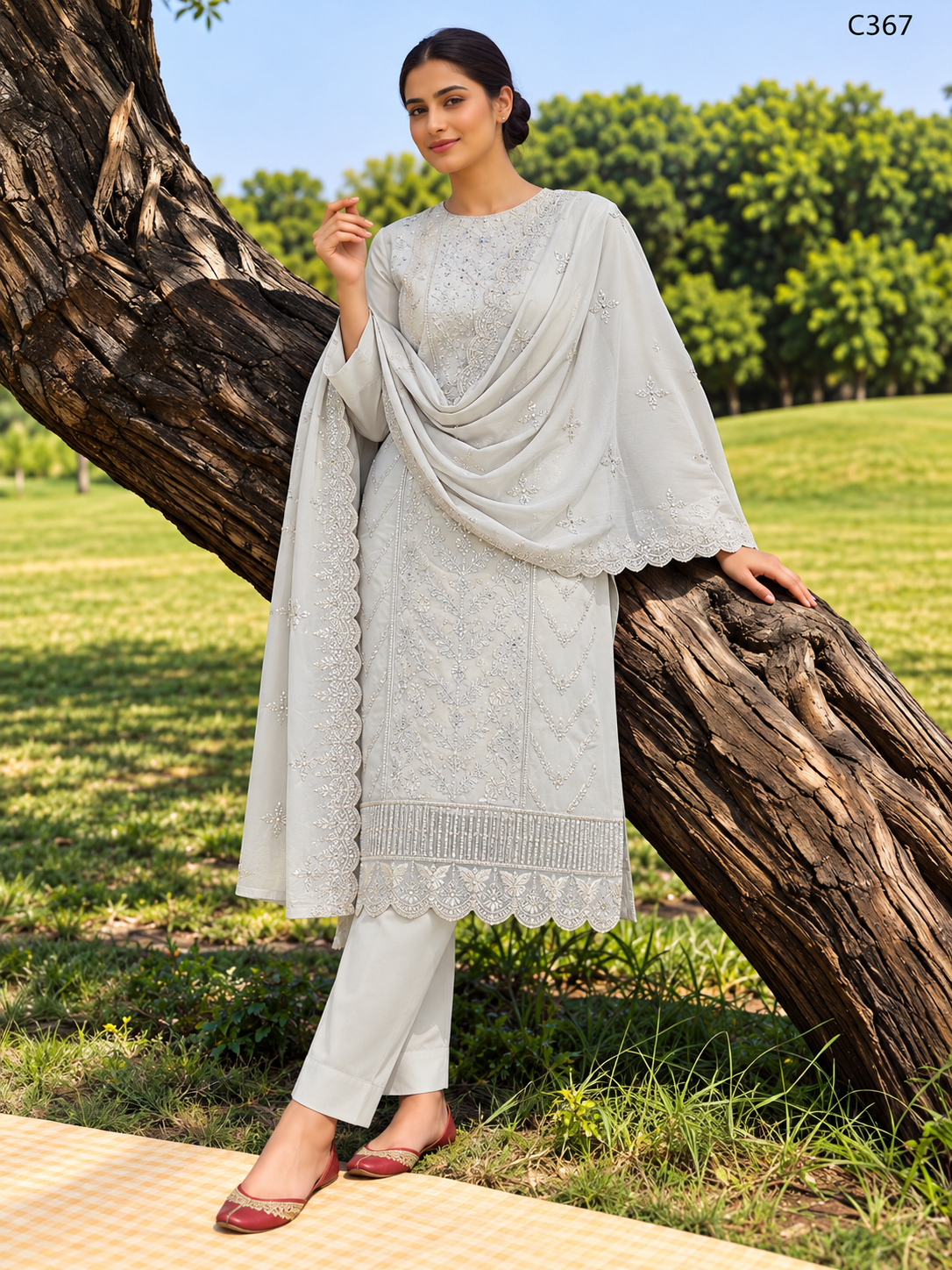 Premium Floral Embroidered Three Piece Set with Scalloped Lace Dupatta – C367