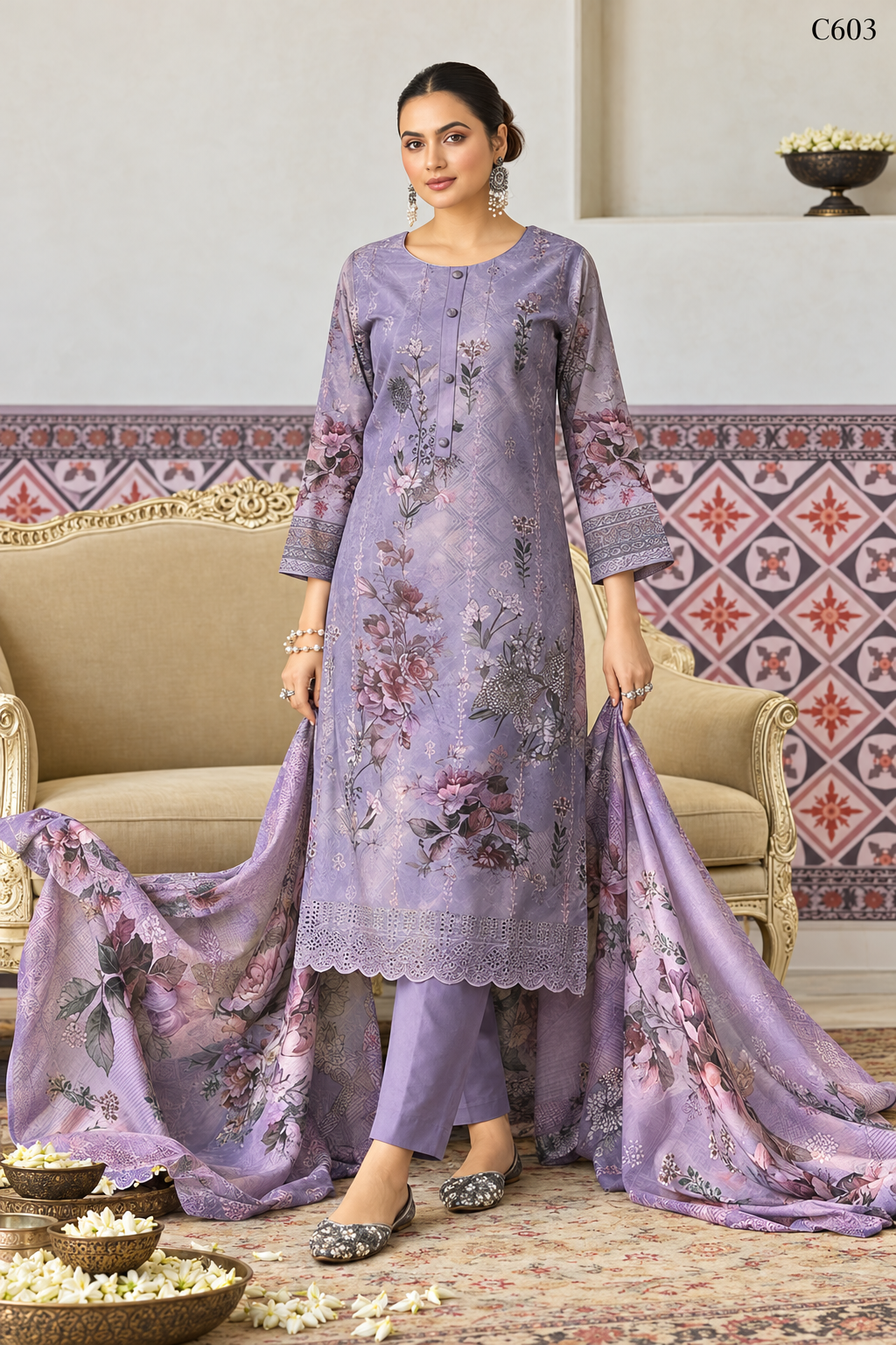 Premium Lavender Purple Floral Printed Three Piece Set – C603