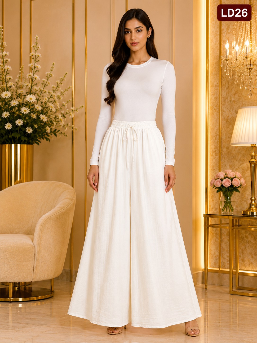 Elegant White Drawstring Wide-Leg Skirt Palazzo Pants-LD26
