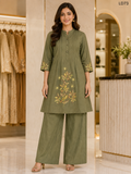 Olive Green Leaf Embroidered Two-Piece Set-LD73