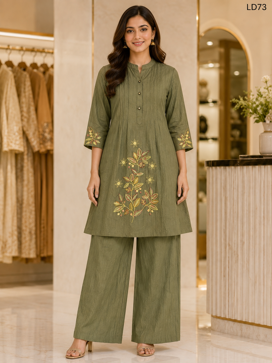Olive Green Leaf Embroidered Two-Piece Set-LD73
