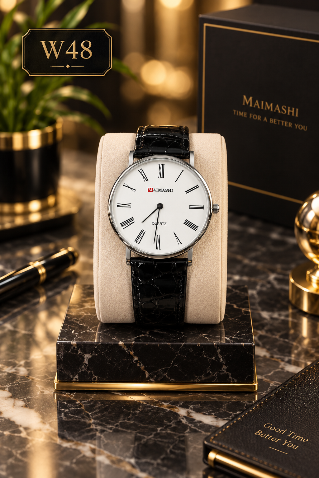 Premium Maimashi Classic Roman Dial Leather Strap Watch – W48