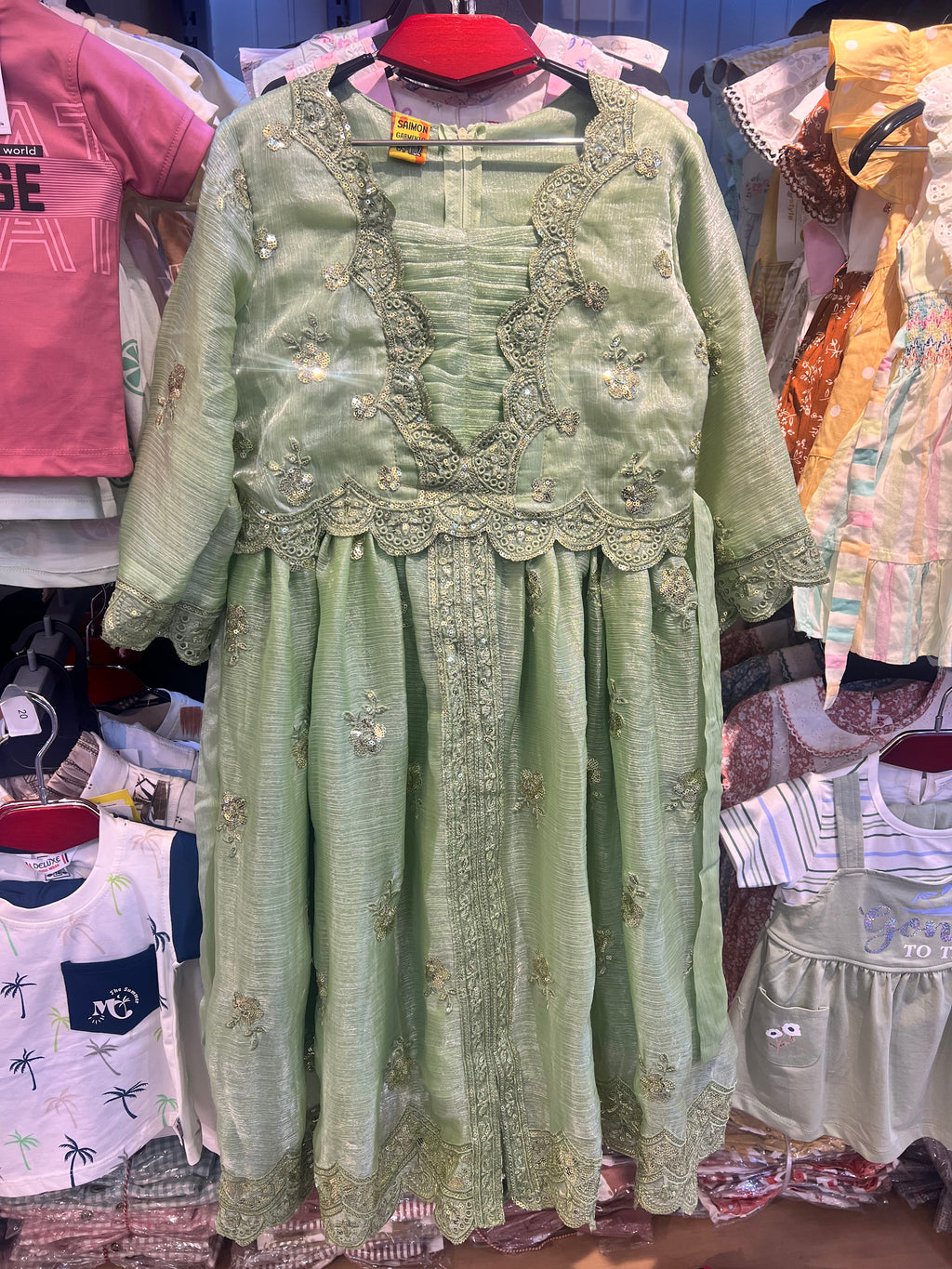 Luxury Girls Embroidered Three Piece Set–Sage Green|GF03