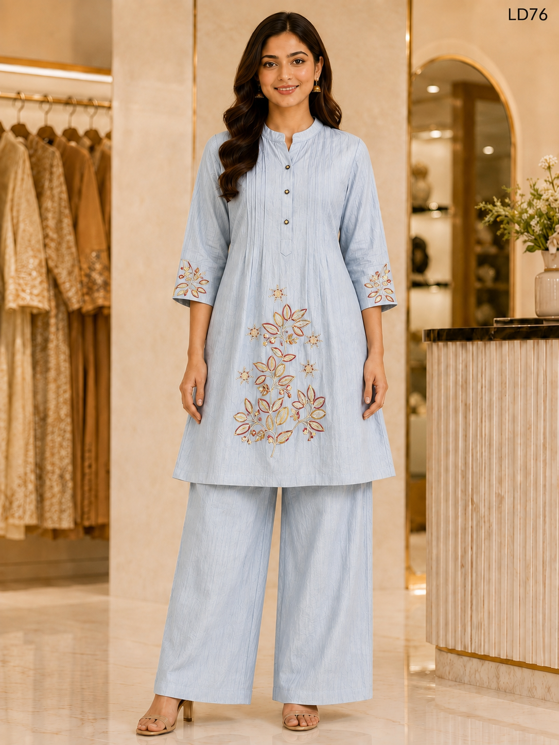 Powder Blue Leaf Embroidered Two-Piece Set-LD76