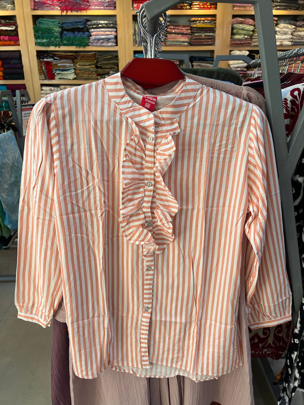 Premium Ladies Striped Ruffle Tops LD95 — Peach & White Stripe