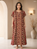 Maroon Leaf Printed Button Maxi Dress-ME28