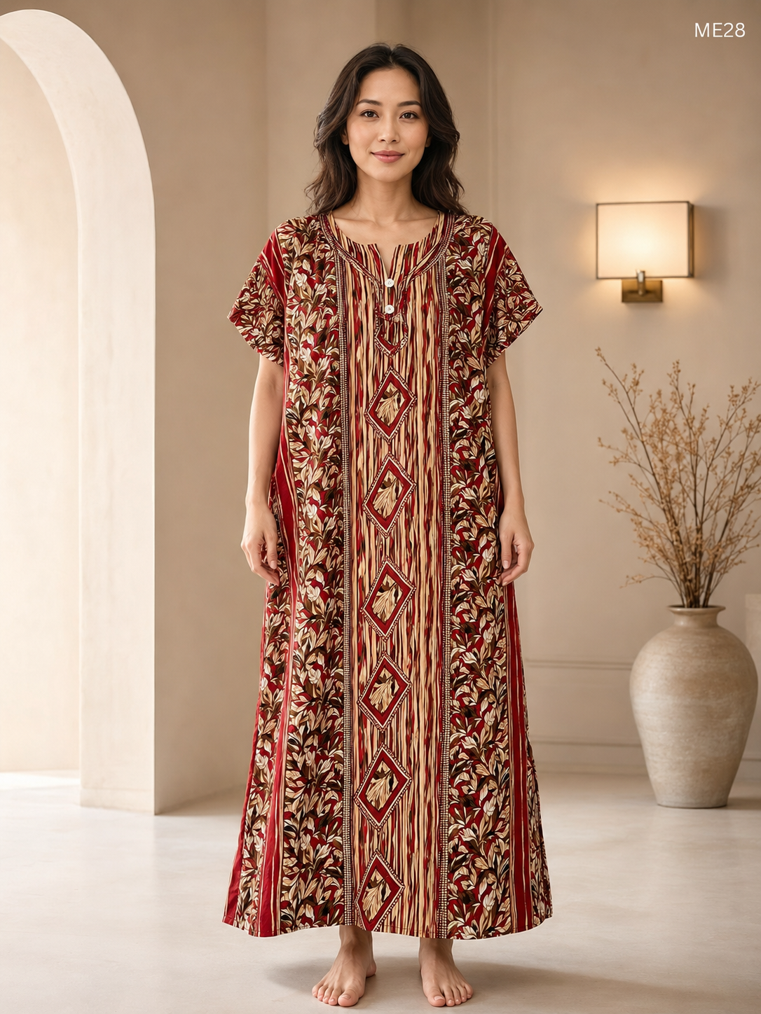 Maroon Leaf Printed Button Maxi Dress-ME28