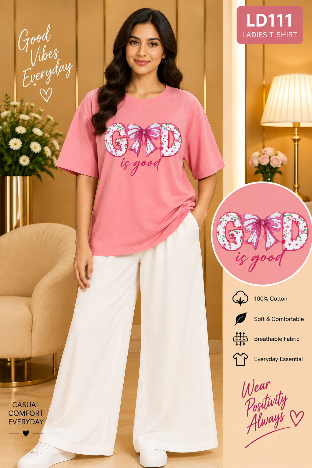 Premium Ladies Graphic T-Shirt LD111 — Coral Pink