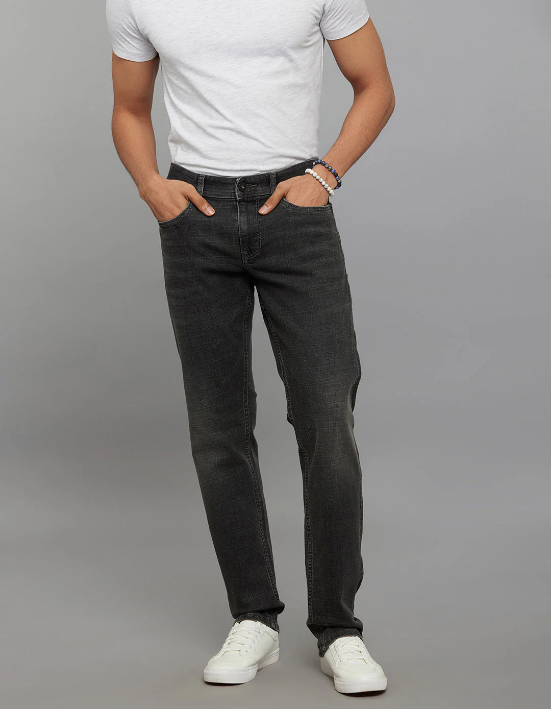 Grey 5 Pocket Mid-Rise Slim Straight Fit Classic Stretch Jeans RJ6416