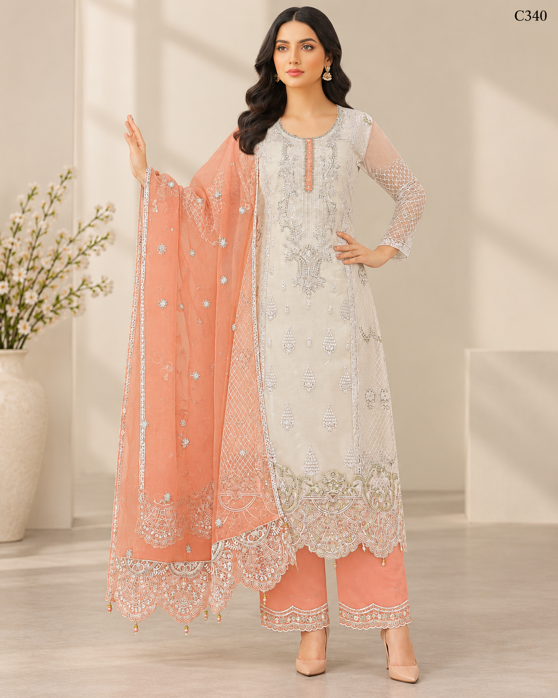 Premium Embroidered Three Piece Set with Elegant Lace Detailing – C340