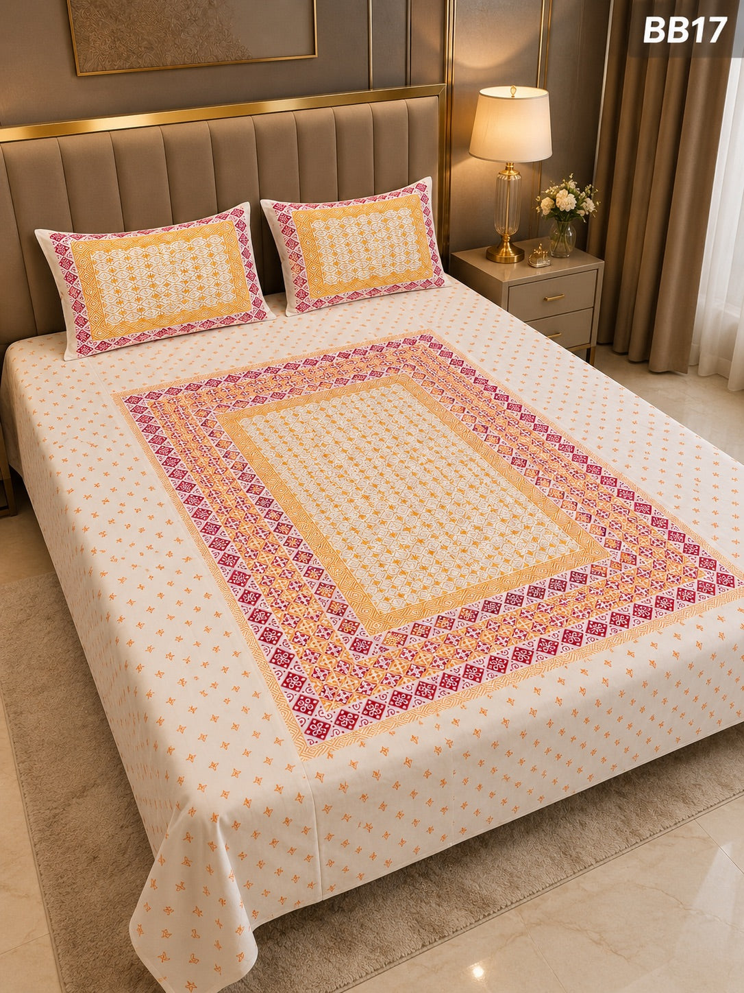 Luxury Pink Mustard Geometric Block Bedsheet-BB17