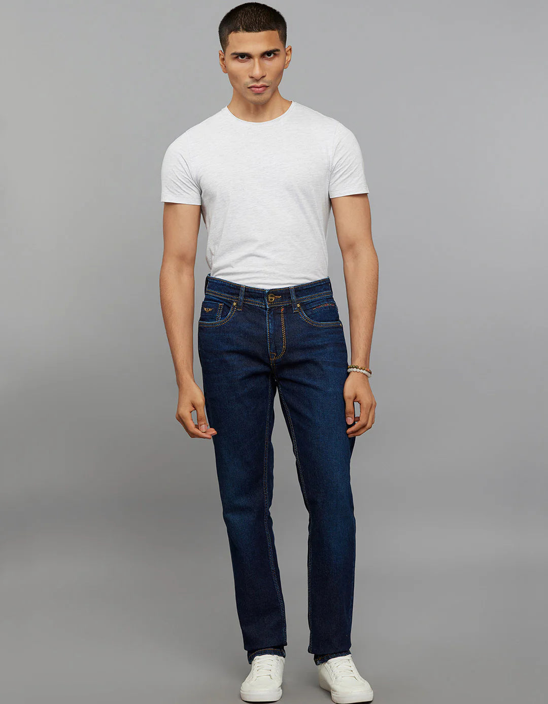 Dark Blue 5 Pocket Mid-Rise Slim Straight Fit Stretch Jeans RJ6305
