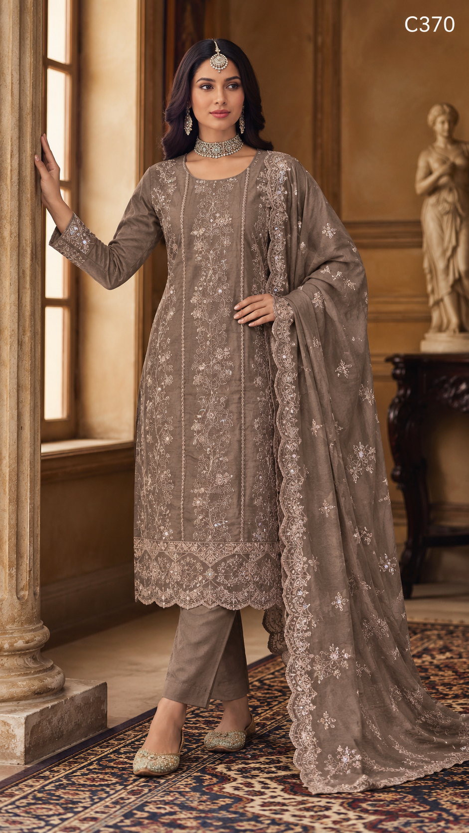 Premium Floral Embroidered Three Piece Set with Scalloped Dupatta – C370