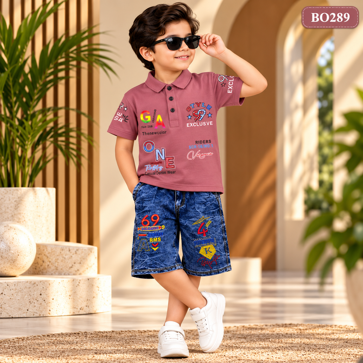 Boys Premium Graphic Polo T-Shirt & Denim Shorts Set-BO289