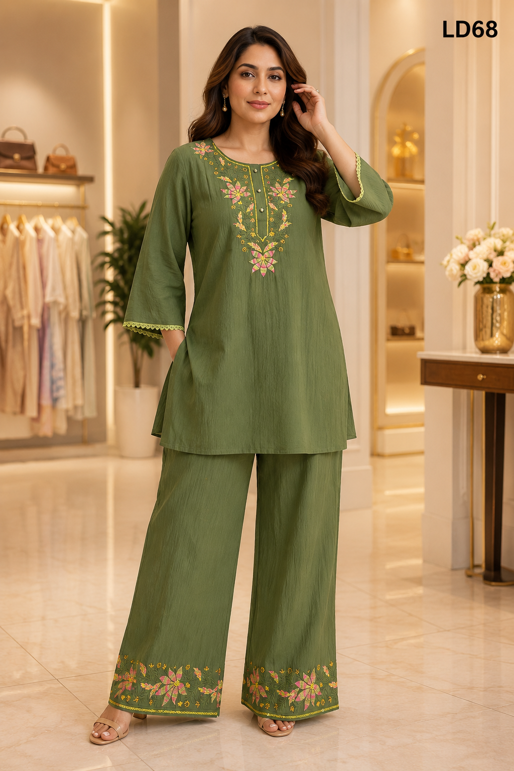 Olive Green Floral Embroidered PachFul Two-Piece Set-LD68