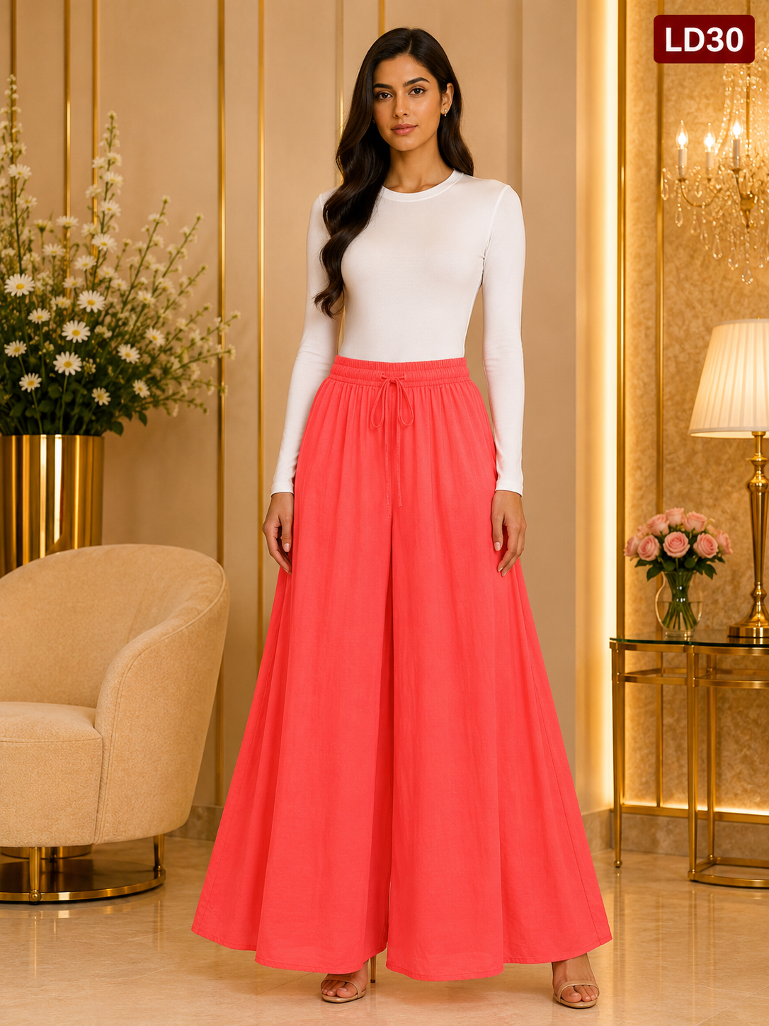 Elegant Coral Drawstring Wide-Leg Skirt Palazzo Pants-LD30