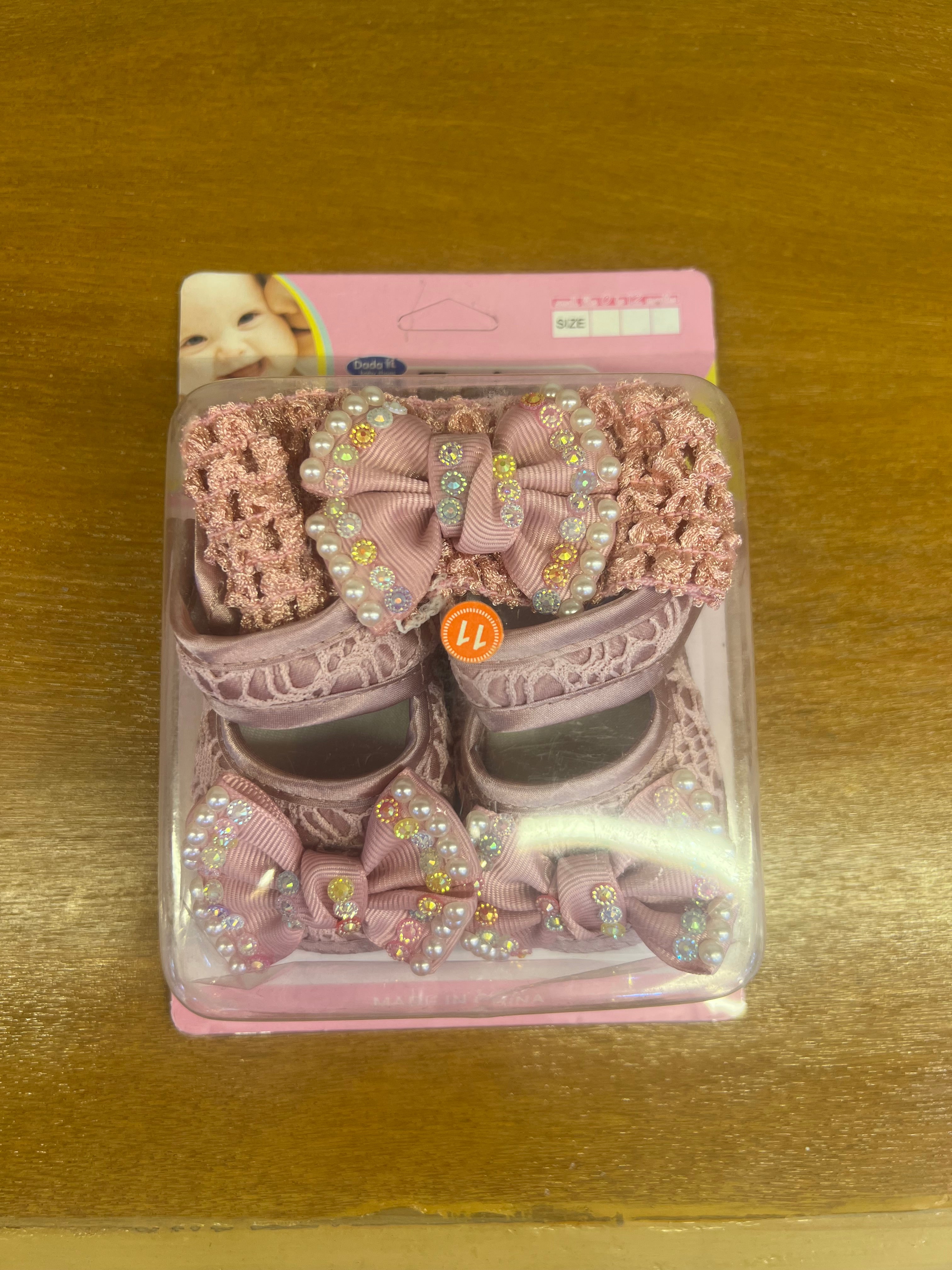 Fancy Baby Girl Shoes with Pearl Bow & Matching Headband Set