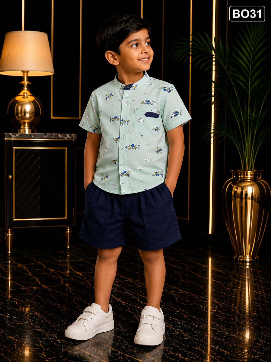 Boys Airplane Print Shirt & Shorts Set-BO31