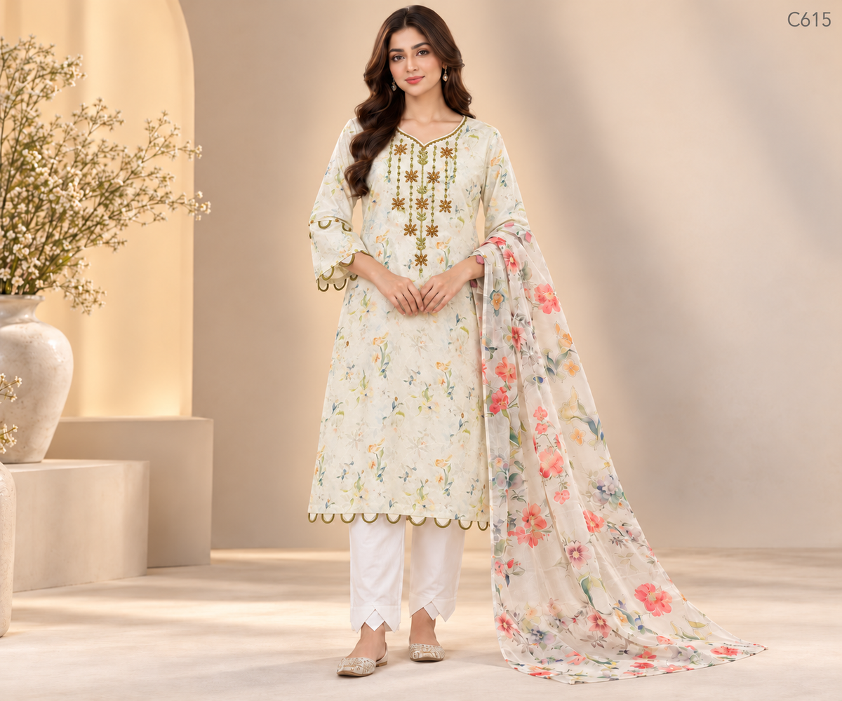 Premium Women’s Floral Embroidered Stitched Three Piece Set - C615