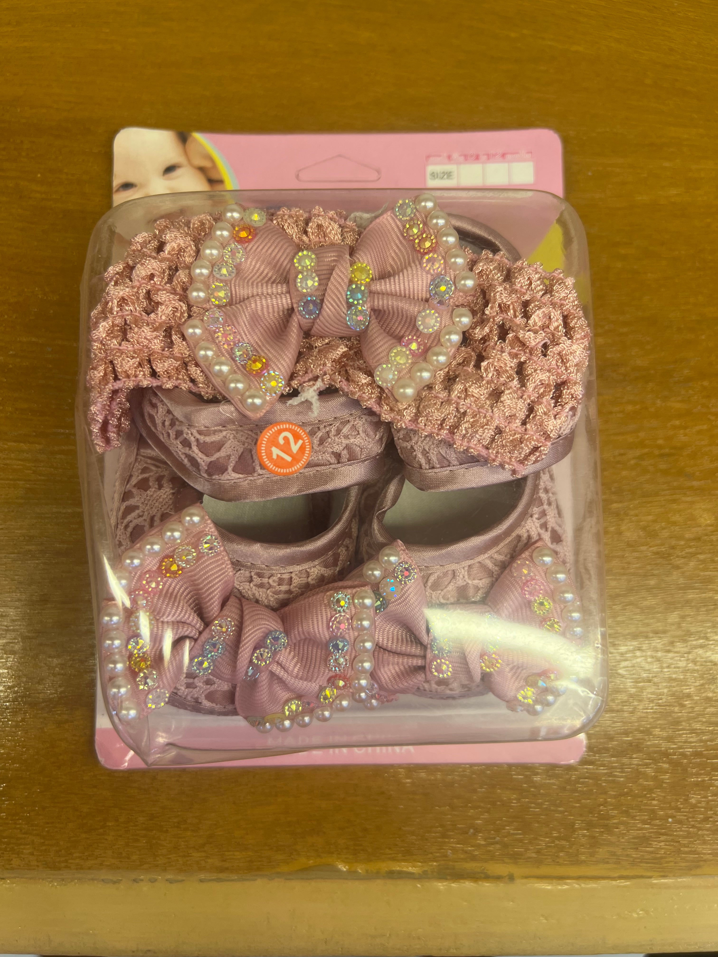 Fancy Baby Girl Shoes with Pearl Bow & Matching Headband Set