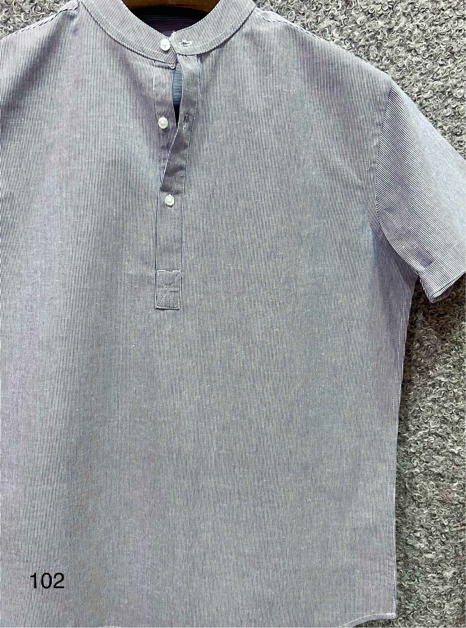 Mandarin Collar Micro-Stripe Box-Pleat Shirt 102