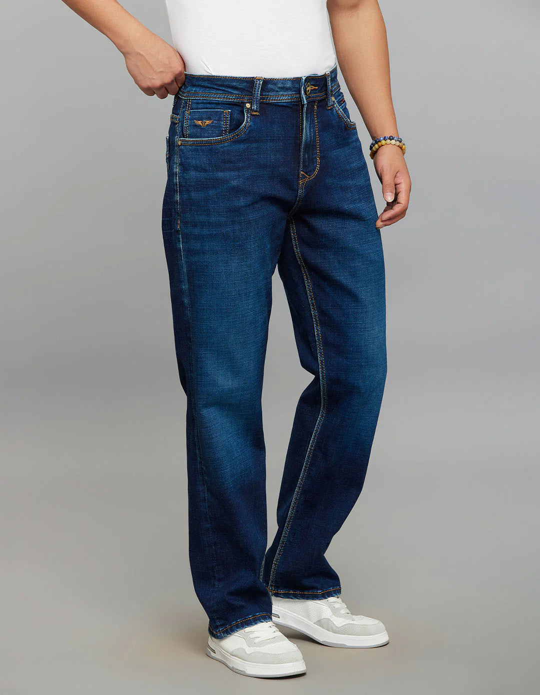 Dark Blue 5 Pocket Cropped Mid Rise, Comfort & Straight Fit Stretch Jeans RJ6337