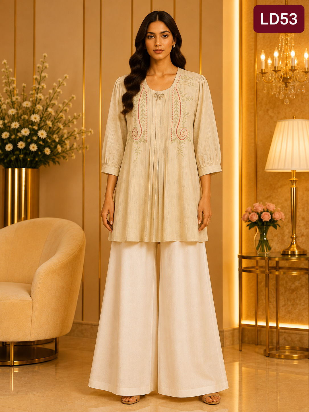 Cream Embroidered Pleated Linen One Point Top-LD53
