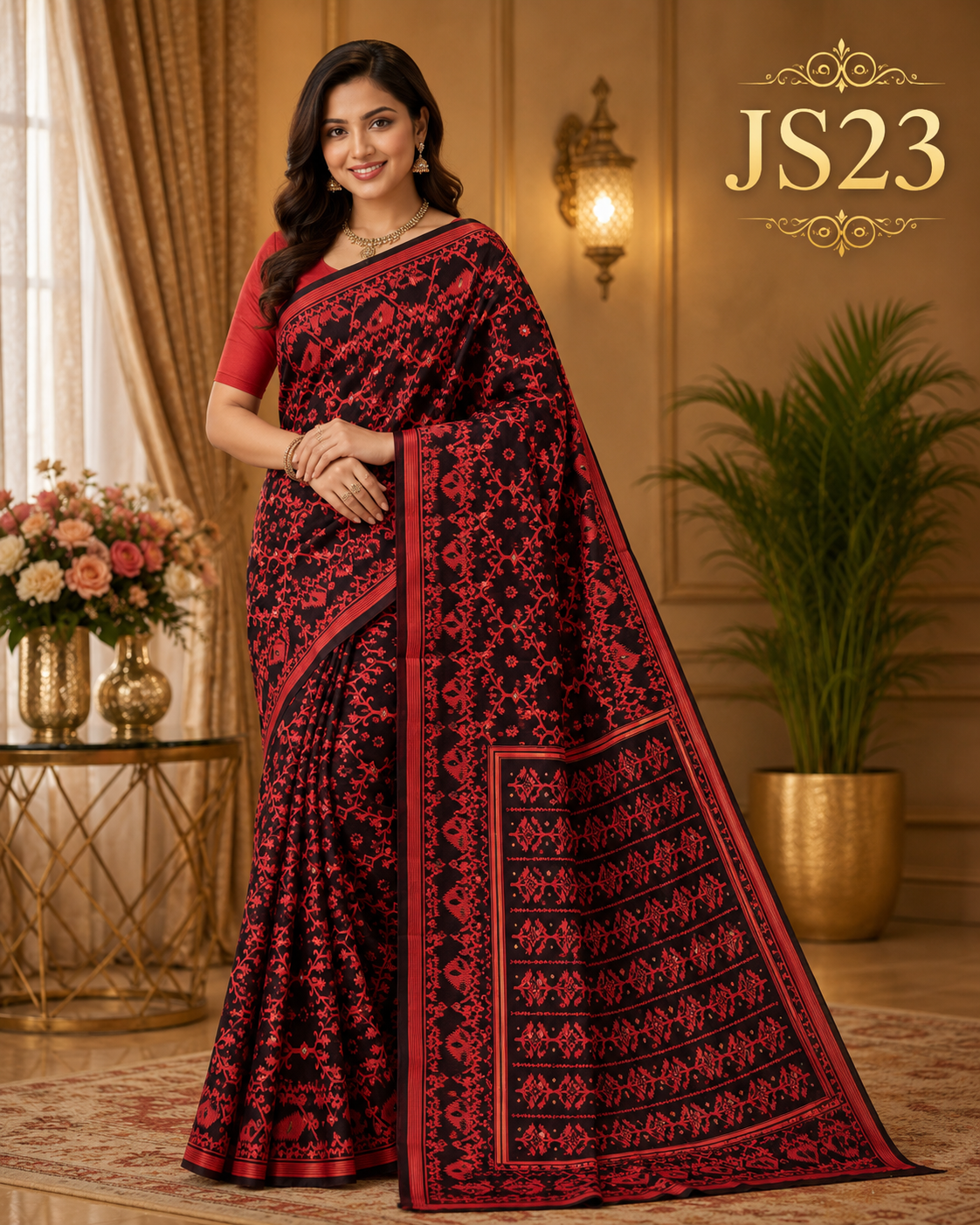 Black Red Jamdani Saree-JS23
