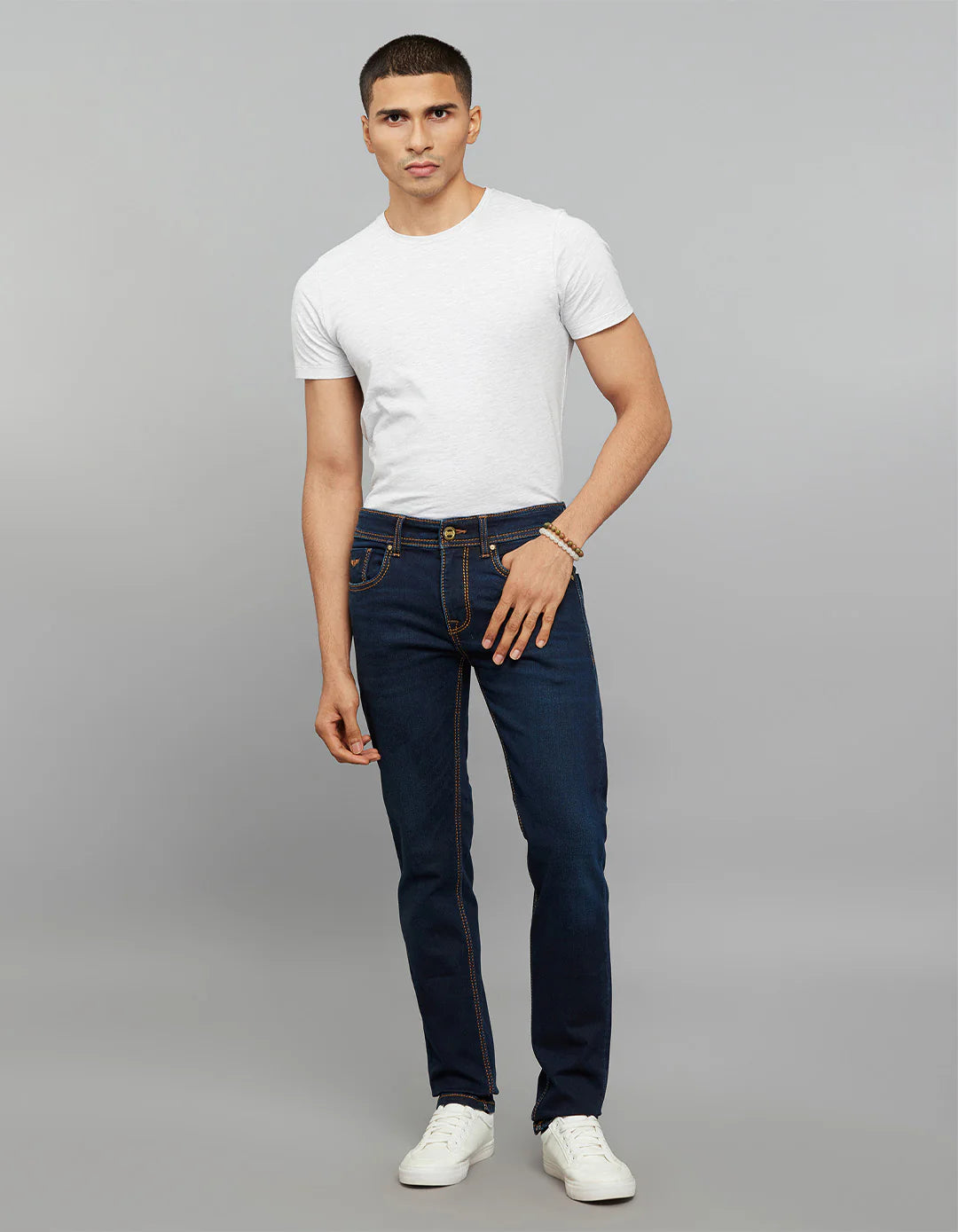 Dark Blue 5 Pocket Mid-Rise Slim Straight Fit Knit Jeans RJ6375