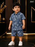 Boys’ Slate Blue Floral Leaf Print Shirt & Shorts Set-BO47