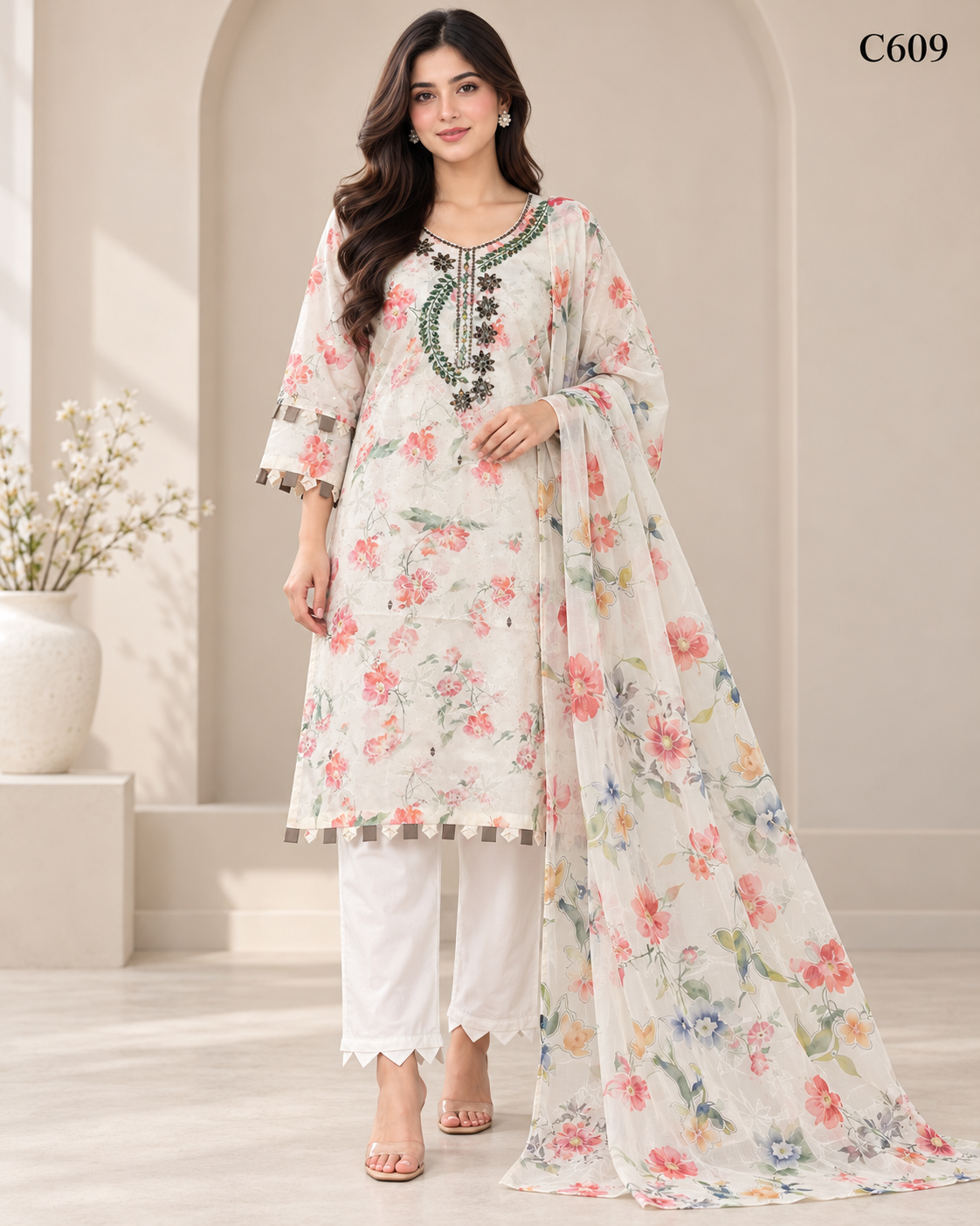 Premium Women’s Floral Embroidered Stitched Three Piece Set - C609