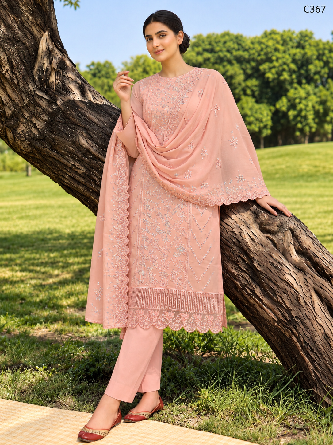 Premium Floral Embroidered Three Piece Set with Scalloped Lace Dupatta – C367
