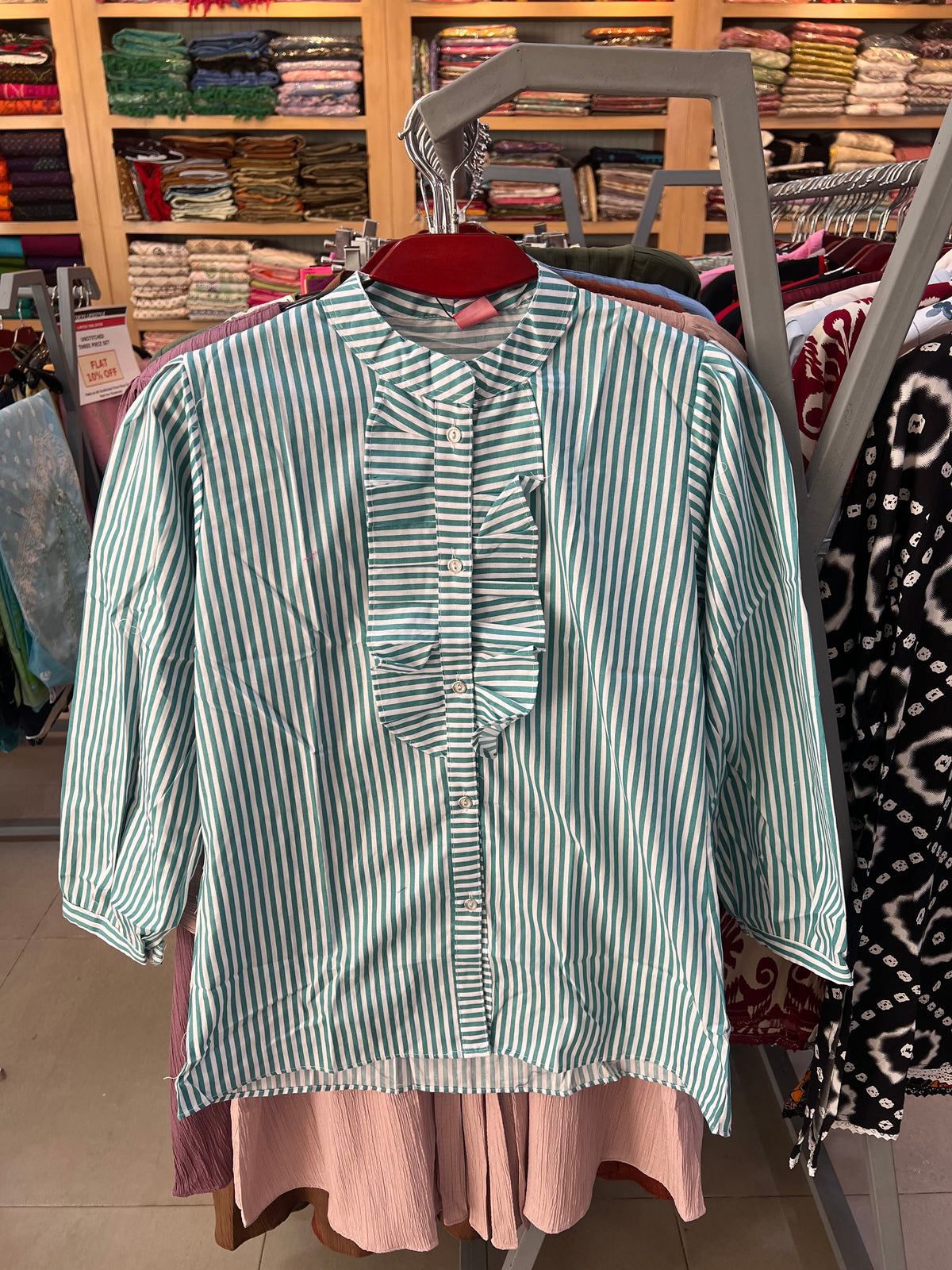 Premium Ladies Striped Ruffle Tops LD99 — Teal Green & White Stripe