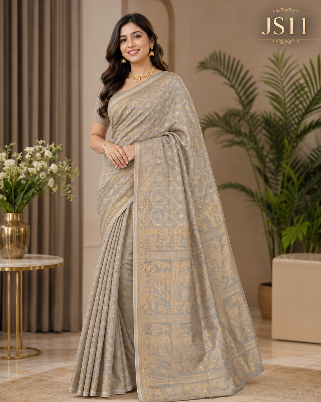 Grey Gold Jamdani Saree-JS11