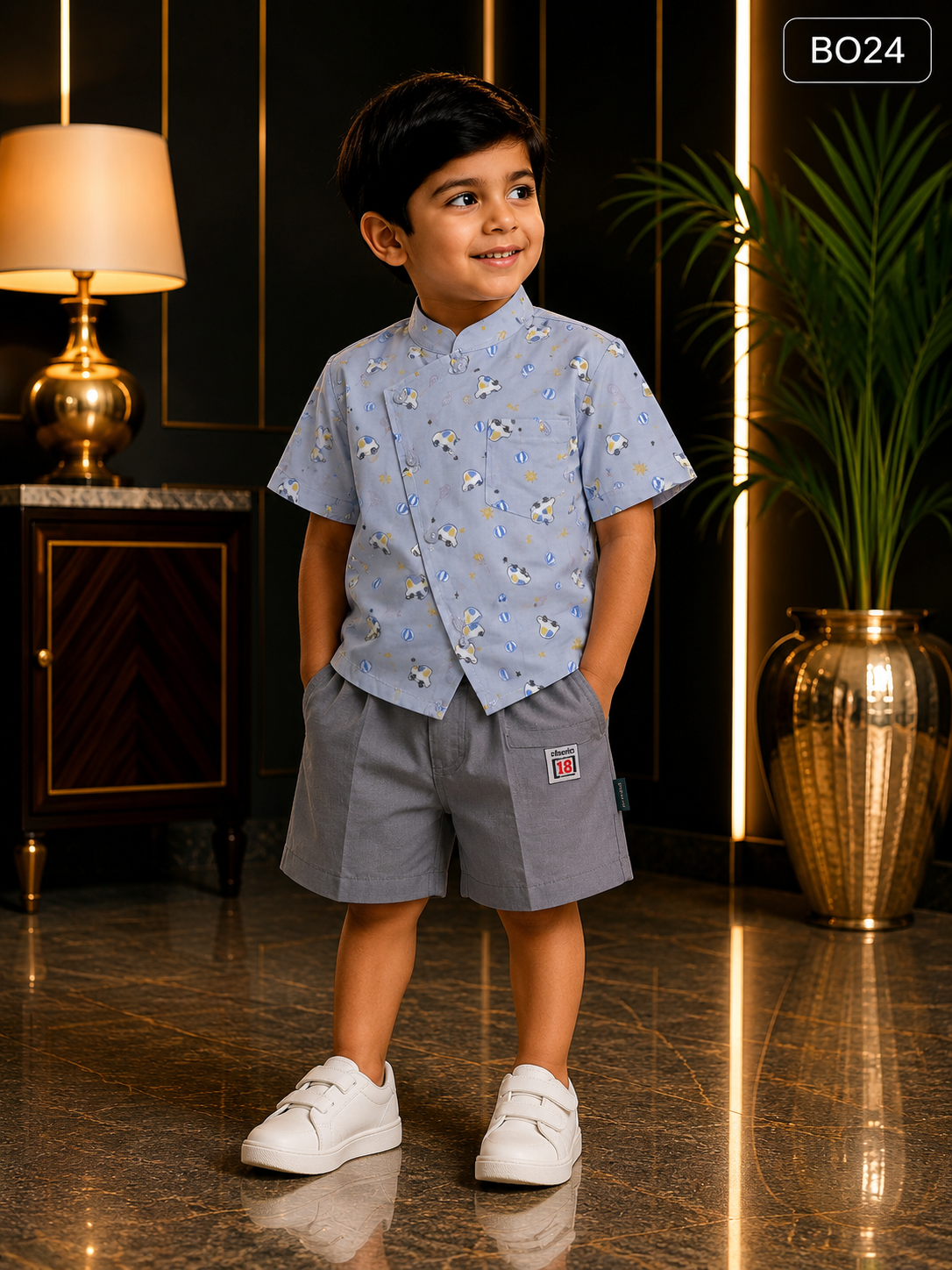 Boys Printed Mandarin Collar Shirt & Shorts Set-BO24