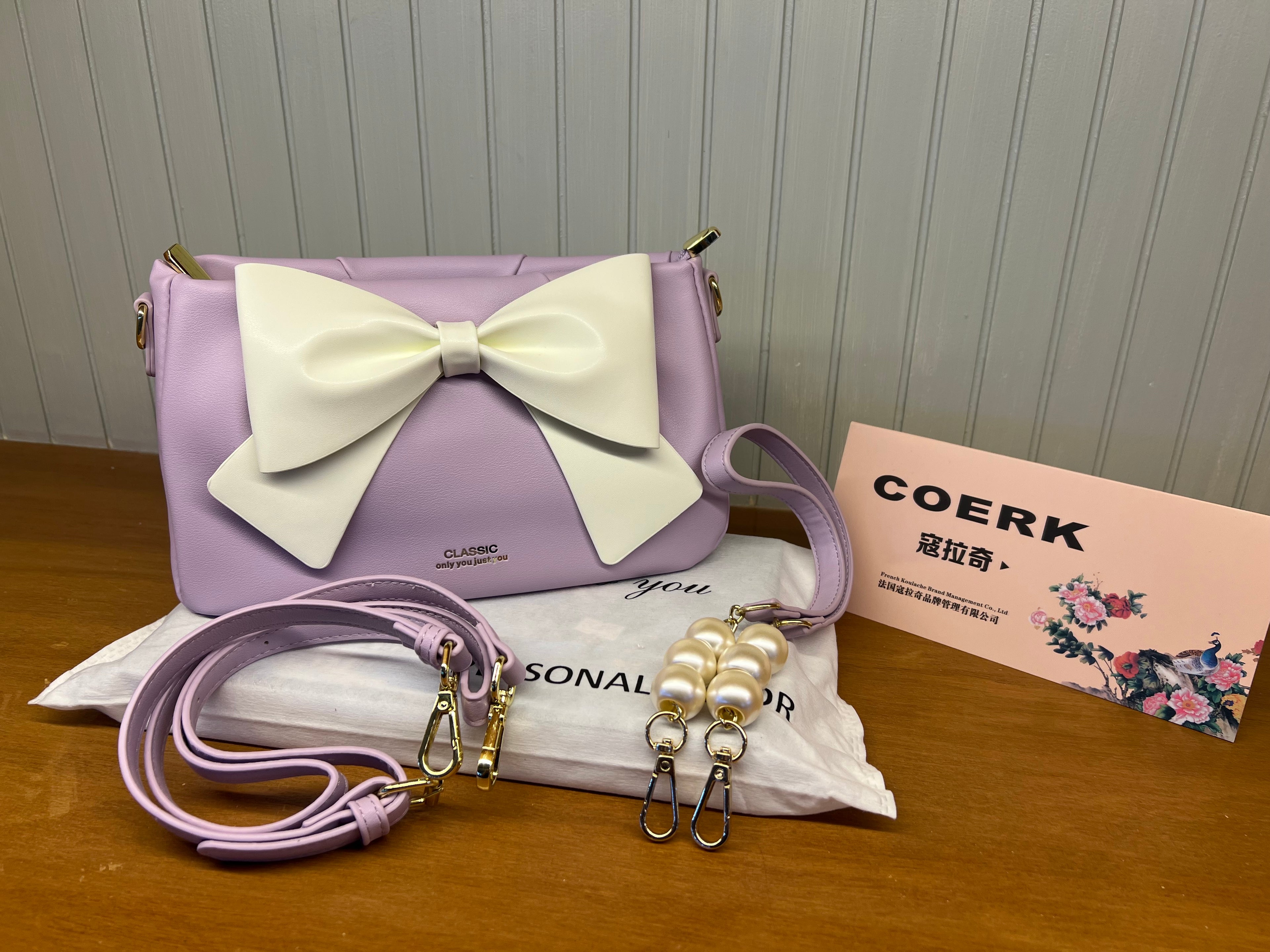COERK Classic Bow Crossbody Bag – Lavender Vegan Leather Handbag with Pearl Charm B004