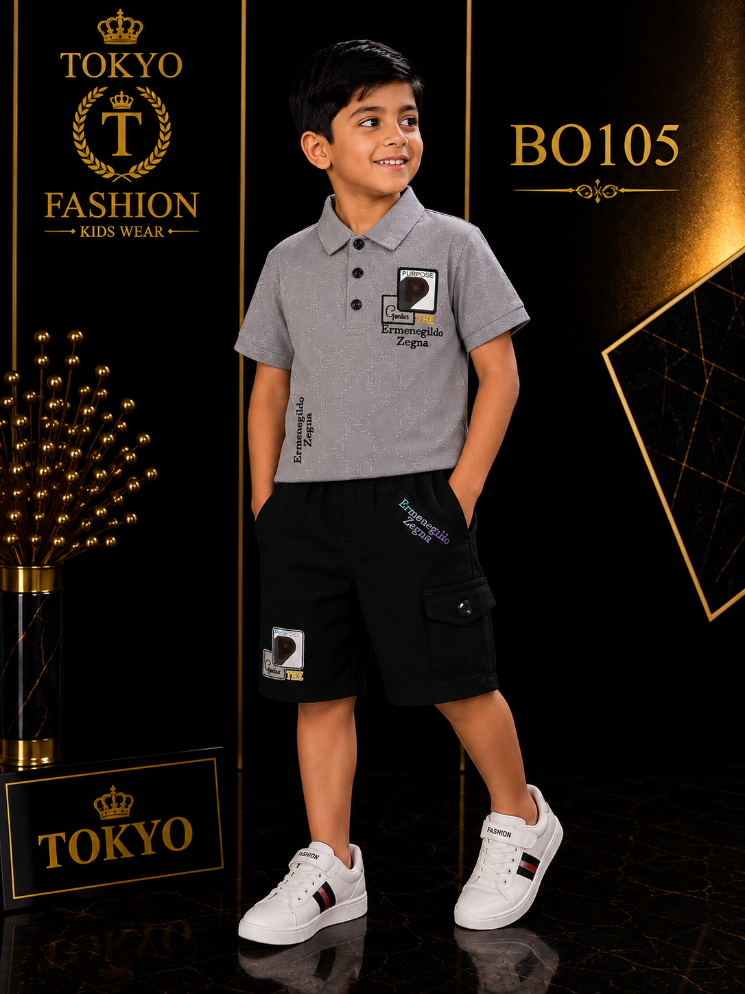 Boys’ Premium Printed Polo T-Shirt & Cargo Shorts Set – BO105