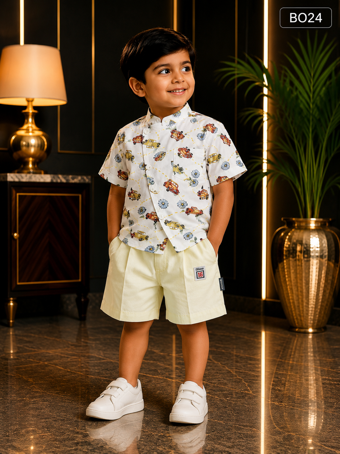 Boys Printed Mandarin Collar Shirt & Shorts Set-BO24