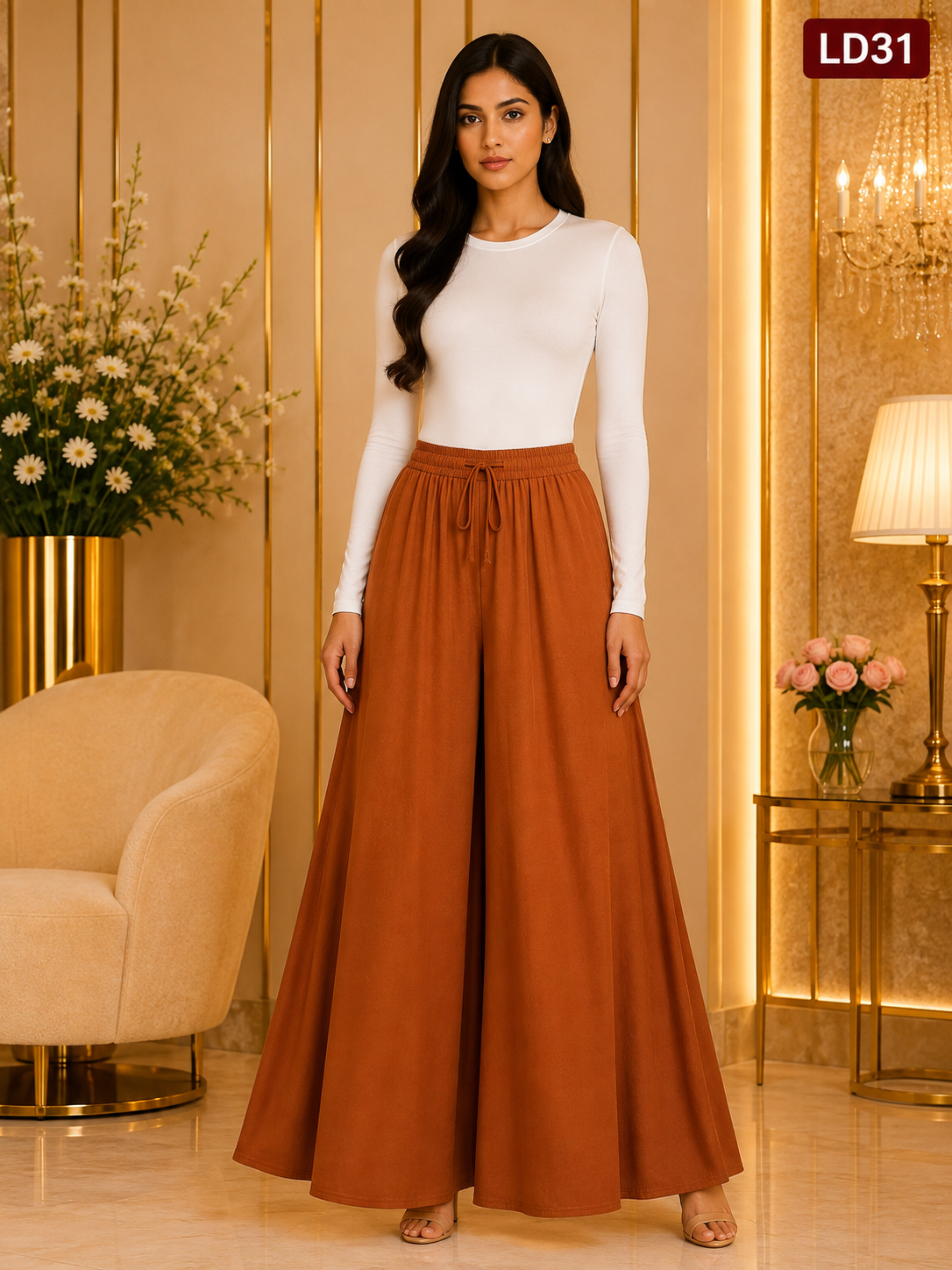 Elegant Rust Drawstring Wide-Leg Skirt Palazzo Pants-LD31