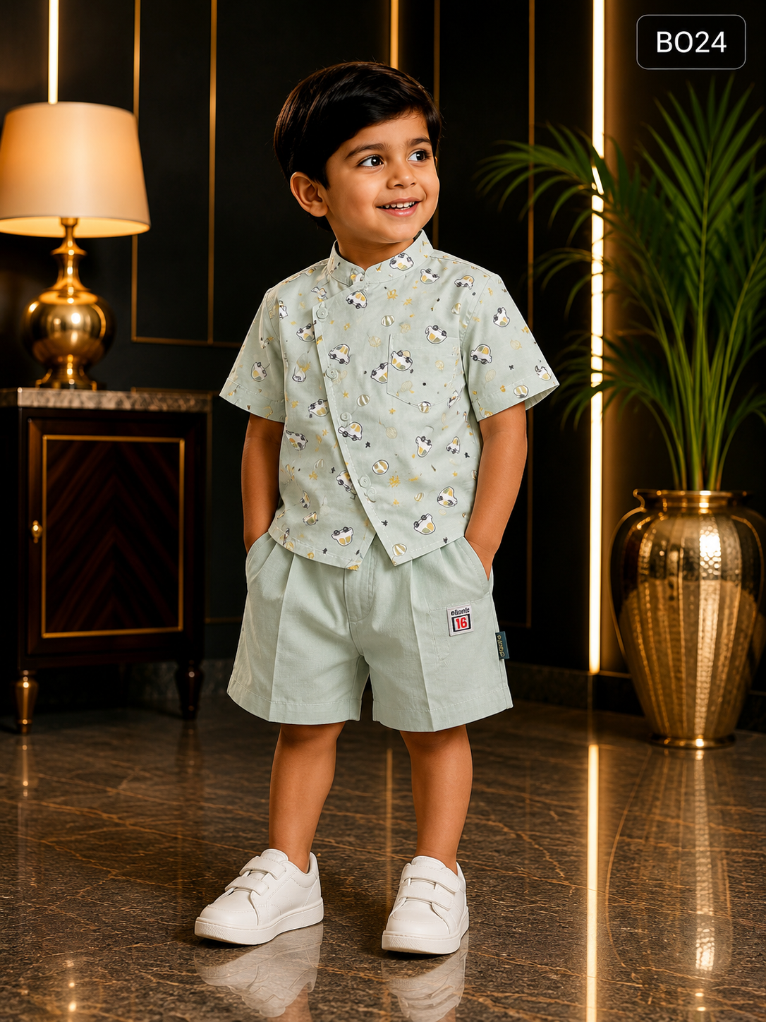 Boys Printed Mandarin Collar Shirt & Shorts Set-BO24