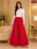 Luxury Crimson Red Wide-Leg Palazzo Pants-LD15