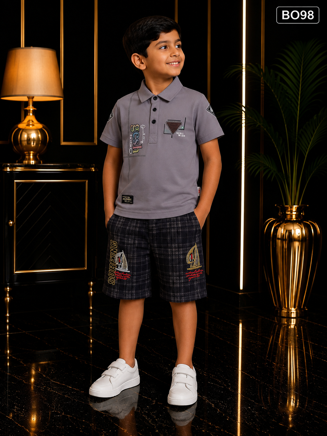 Boys’ Premium Polo T-Shirt & Embroidered Check Shorts Set – BO98