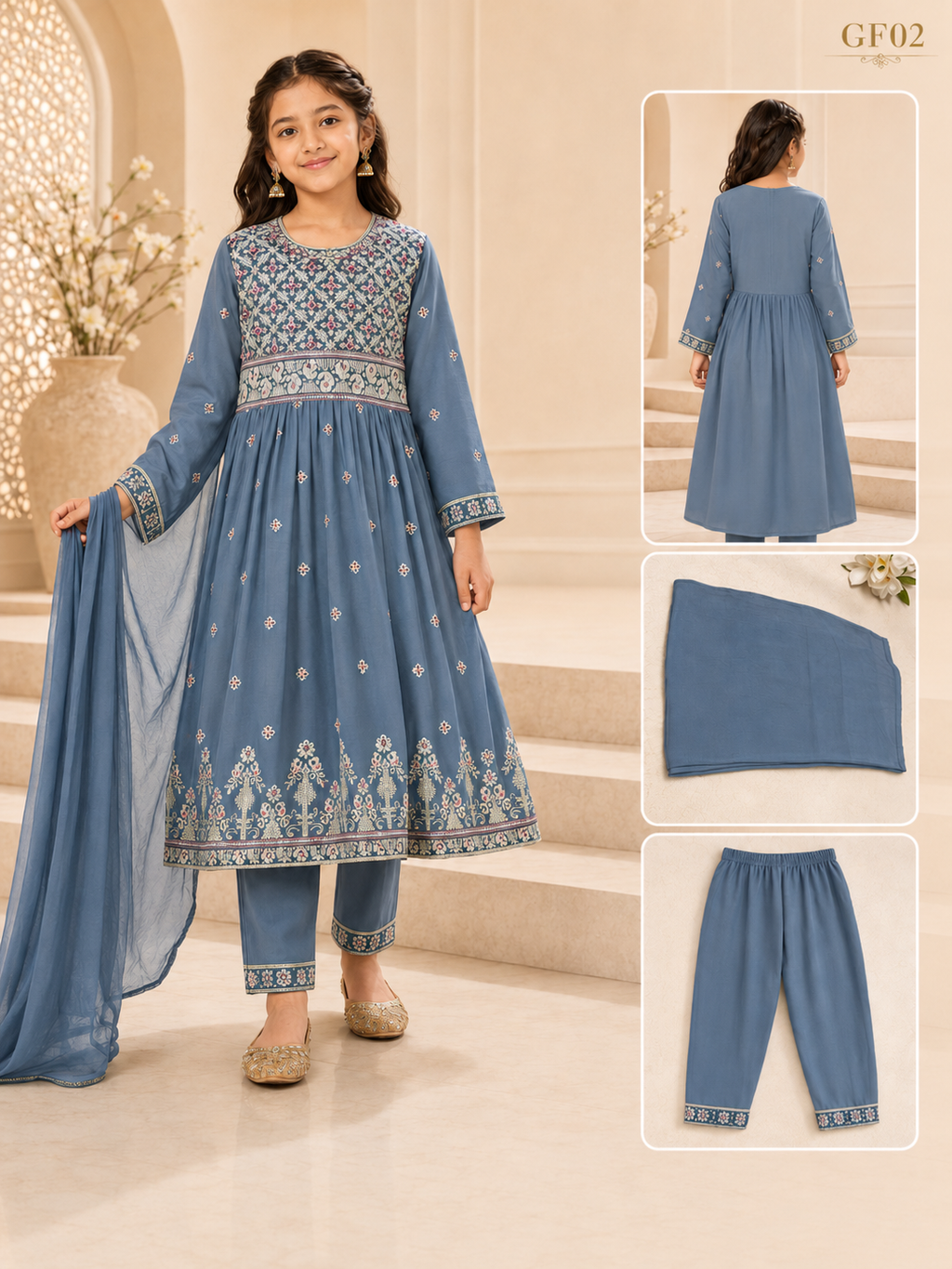 Luxury Girls Embroidered Three Piece Set–Dusty Blue|GF02