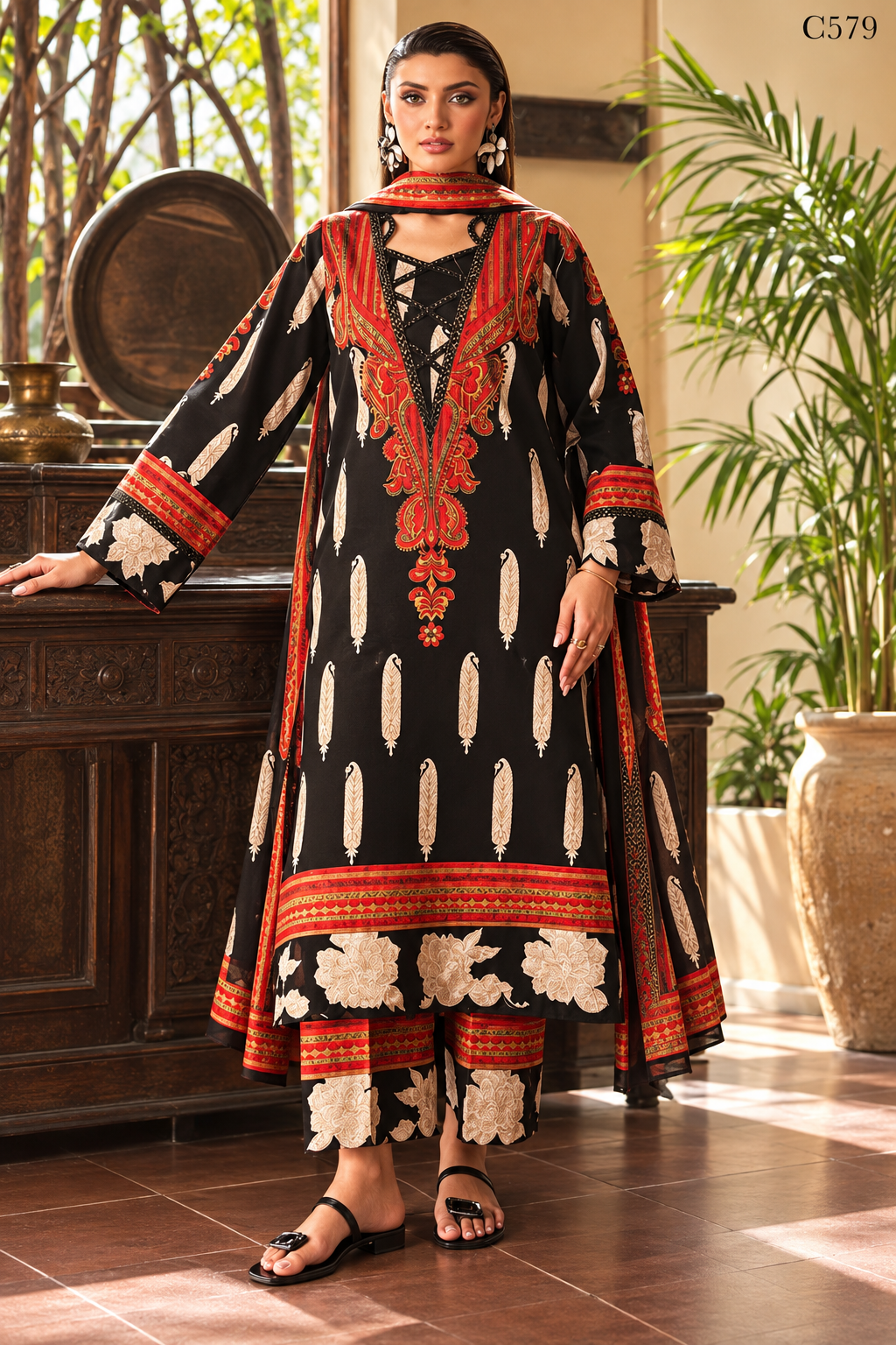 Premium Women's Black & Red Traditional Printed Three Piece Set – C579