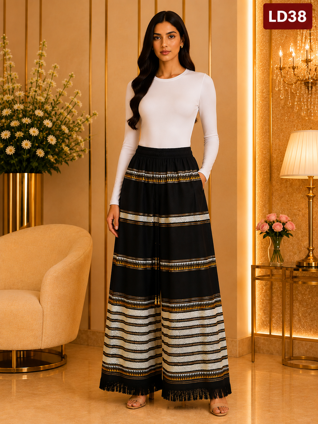 Elegant Black Gold Ethnic Stripe Fringe Wide-Leg Palazzo Pants-LD38