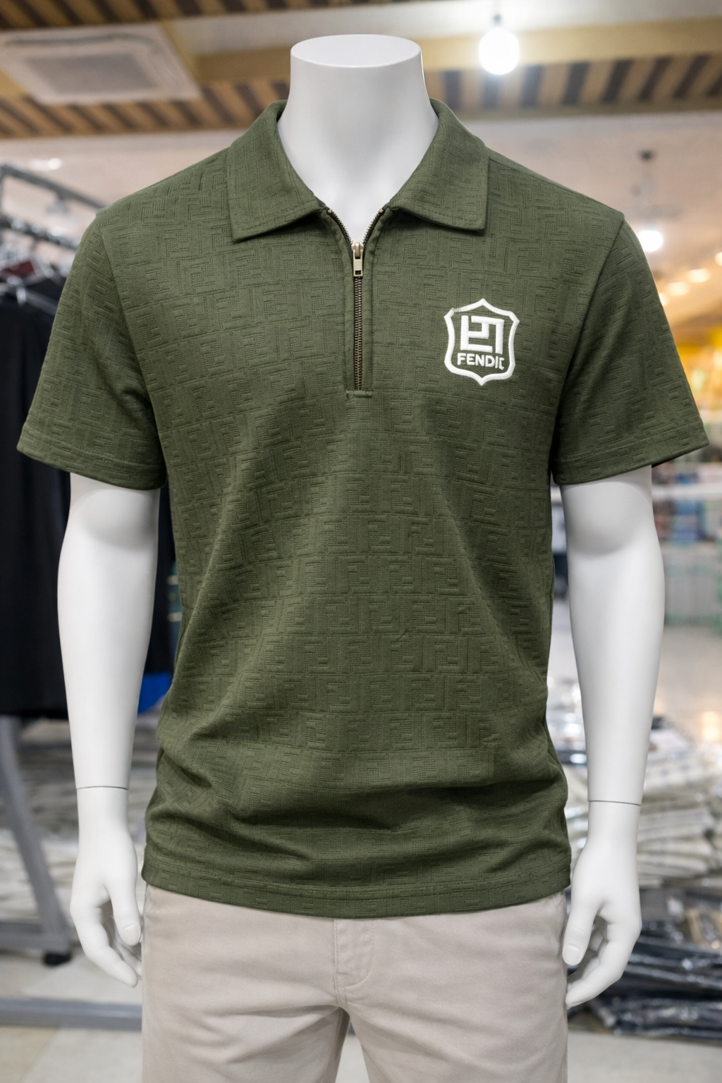 Men's Premium Dark Green Textured Zip Polo T-Shirt 559