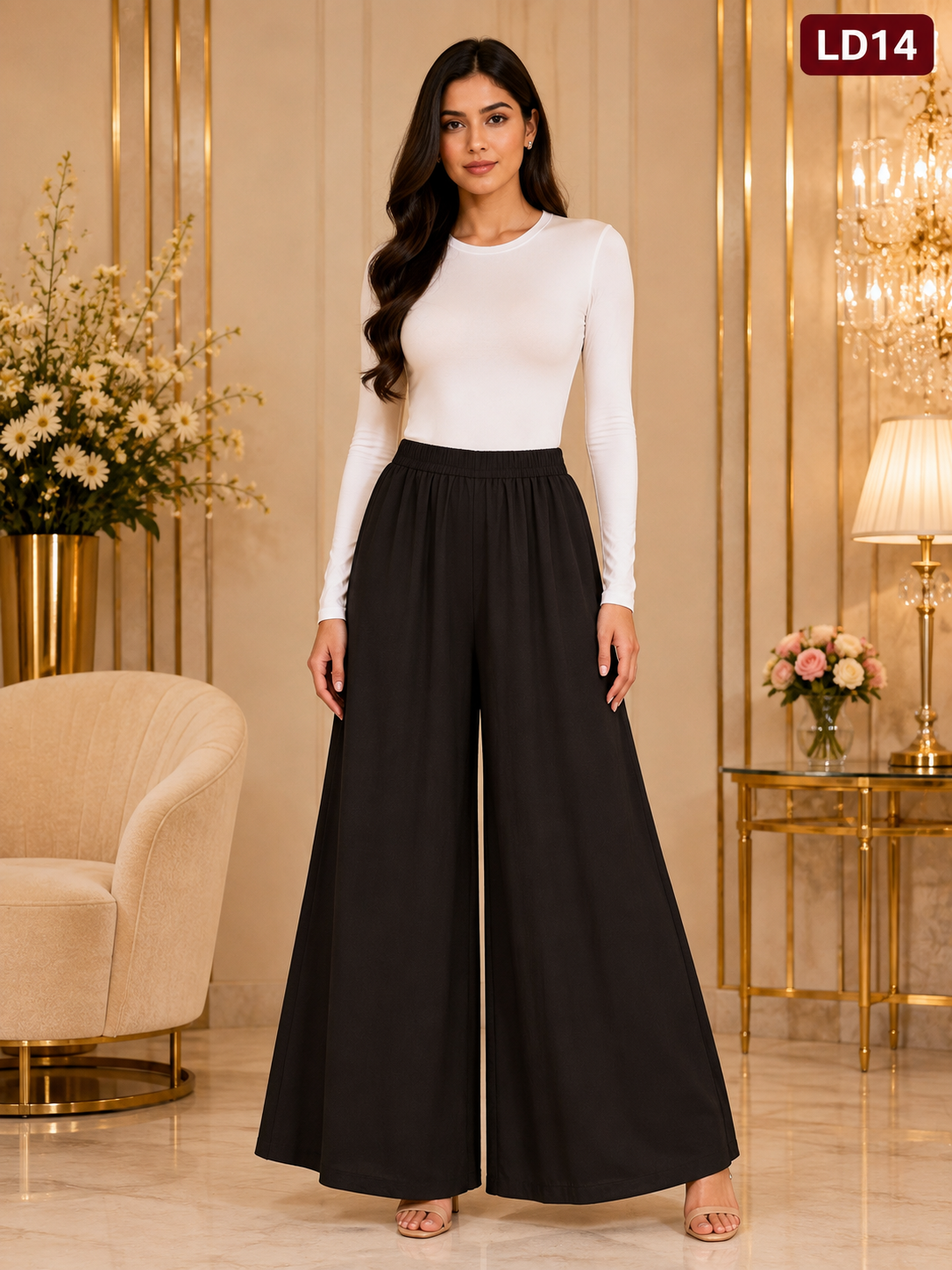 Luxury Jet Black Wide-Leg Palazzo Pants-LD14
