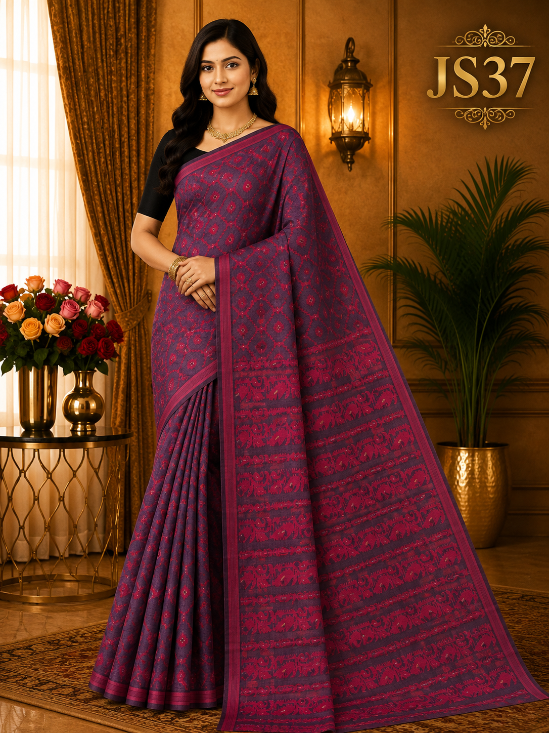 Deep Plum Magenta Jamdani Saree-JS37