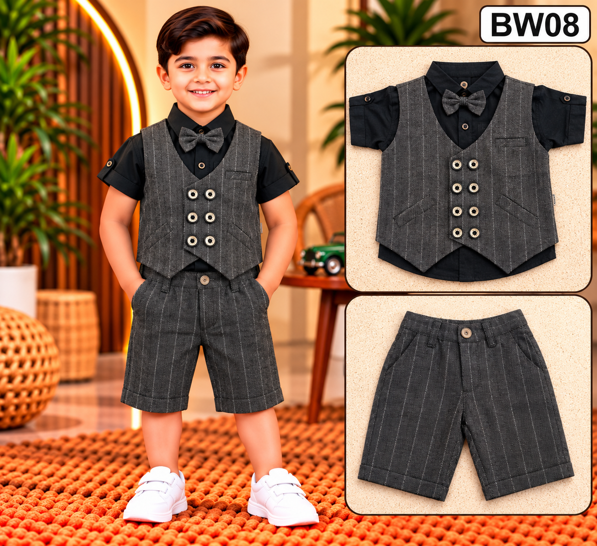 Boys Pinstripe Waistcoat, Shirt & Shorts Set with Bow Tie-BW08