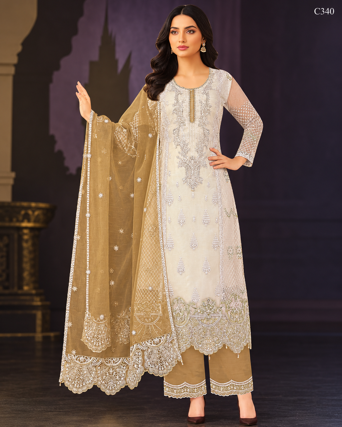 Premium Embroidered Three Piece Set with Elegant Lace Detailing – C340